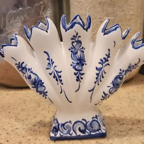 Vintage Portugal Handpainted Blue and White Ceramic Finger Vase